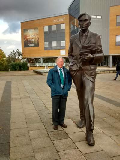 Edward Maunder at the Alan Turing statue at the University of Surrey